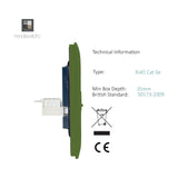 Side profile view of the 2 Gang Telephone & Cat 5 Data Socket in moss green, showing the RJ45 Cat 5e module depth and screwless plate design against a white background.