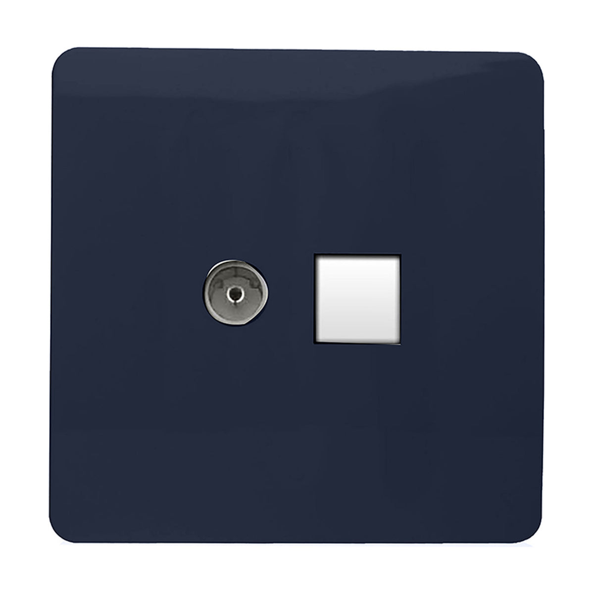 2 gang telephone and Cat 5 data socket in navy blue with a screwless square plate, chrome telephone port and white data outlet, on a plain white background.