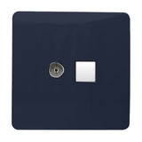 2 gang telephone and Cat 5 data socket in navy blue with a screwless square plate, chrome telephone port and white data outlet, on a plain white background.