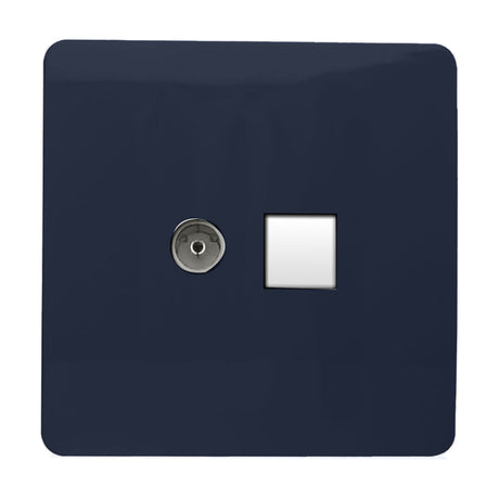2 gang telephone and Cat 5 data socket in navy blue with a screwless square plate, chrome telephone port and white data outlet, on a plain white background.