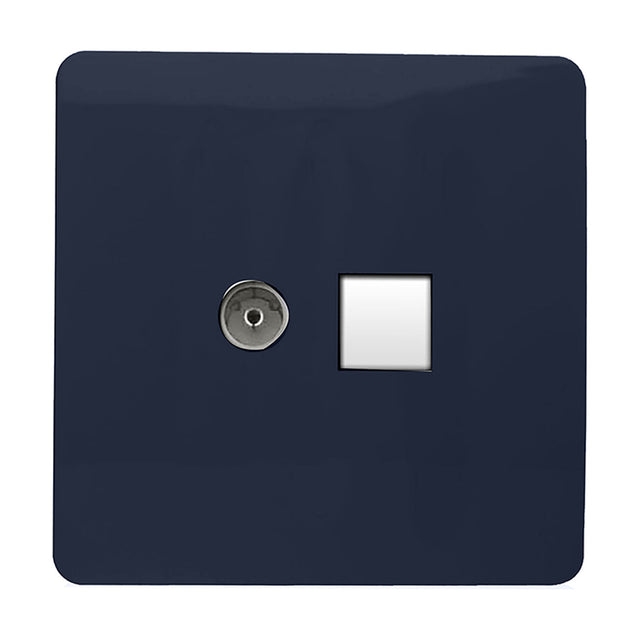 2 gang telephone and Cat 5 data socket in navy blue with a screwless square plate, chrome telephone port and white data outlet, on a plain white background.