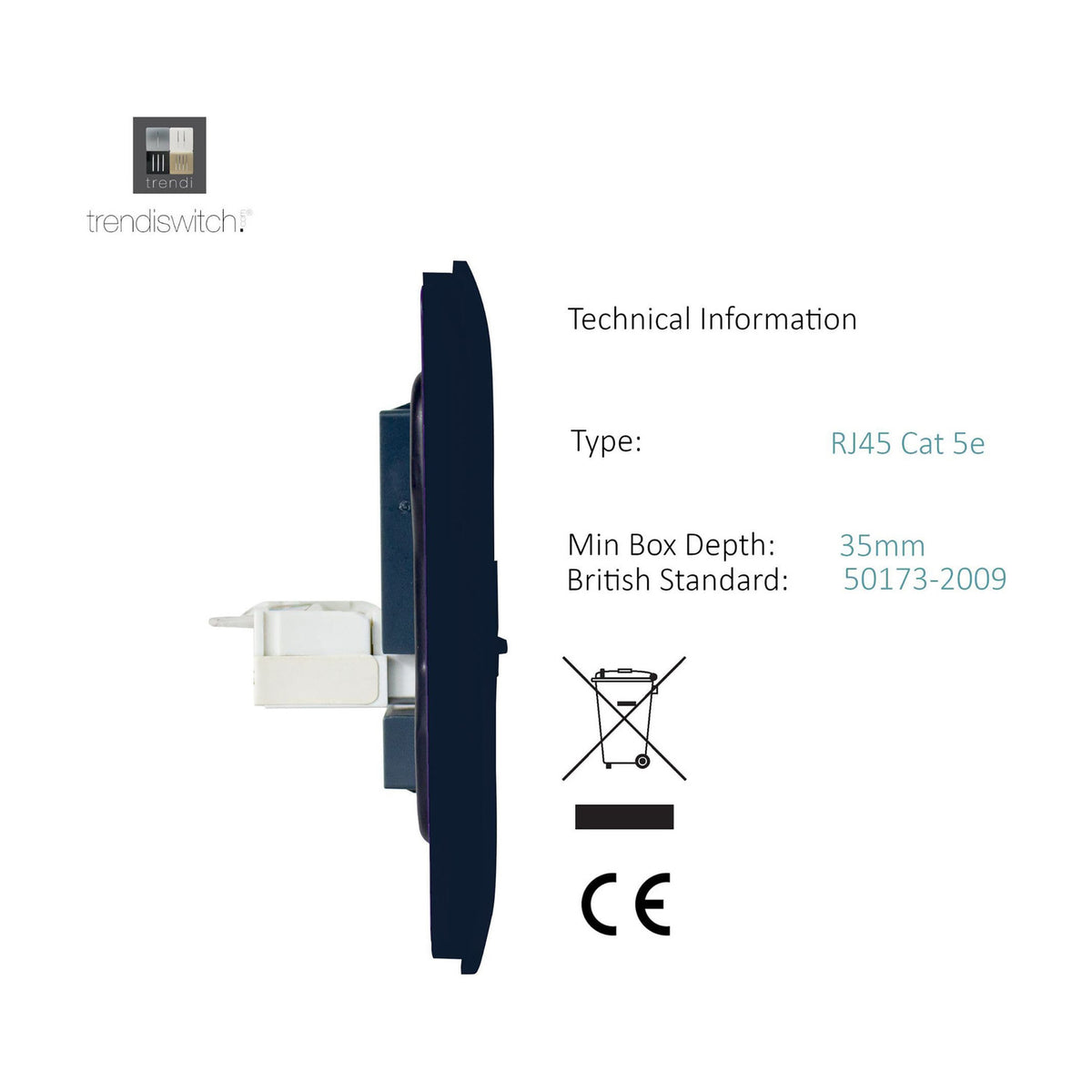 Side profile of the navy blue 2 Gang Telephone & Cat 5 Data socket, screwless plate with RJ45 module visible, technical specs and CE mark shown alongside on white background.