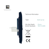 Side profile of the navy blue 2 Gang Telephone & Cat 5 Data socket, screwless plate with RJ45 module visible, technical specs and CE mark shown alongside on white background.