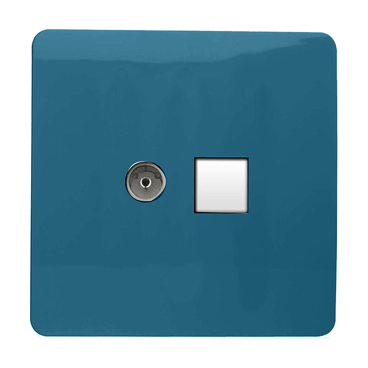 Square screwless 2 gang socket plate in ocean blue with a telephone socket and Cat 5 Ethernet data socket in white, shown on a plain white background.