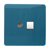 Square screwless 2 gang socket plate in ocean blue with a telephone socket and Cat 5 Ethernet data socket in white, shown on a plain white background.