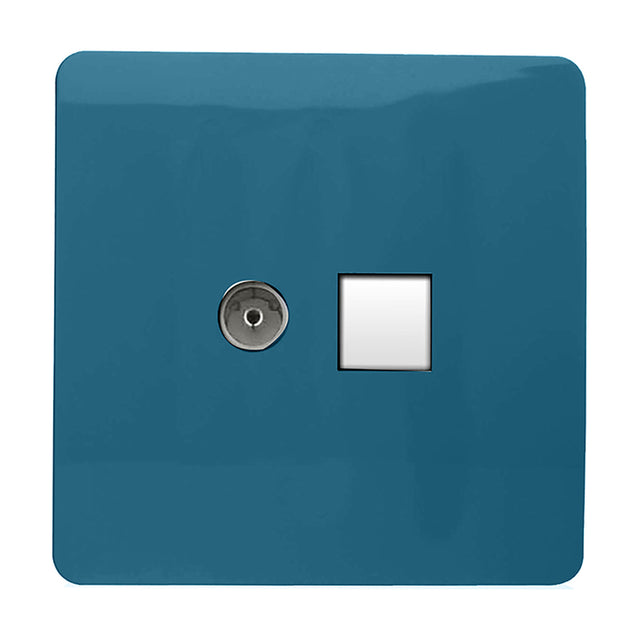 Square screwless 2 gang socket plate in ocean blue with a telephone socket and Cat 5 Ethernet data socket in white, shown on a plain white background.