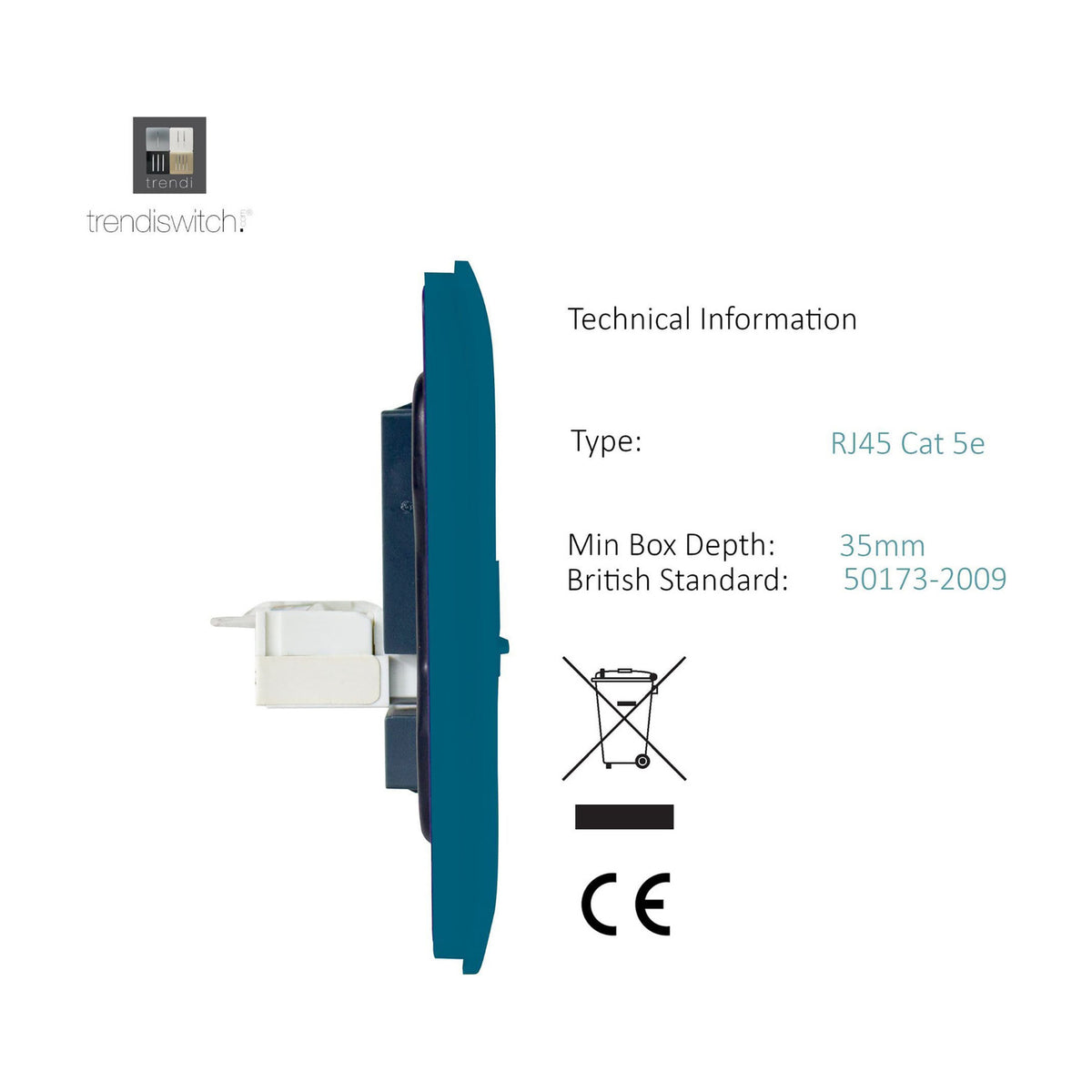 Side profile of a 2 Gang Cat 5e data socket in ocean blue, screwless plate with white RJ45 module, shown with technical specifications on a white background.