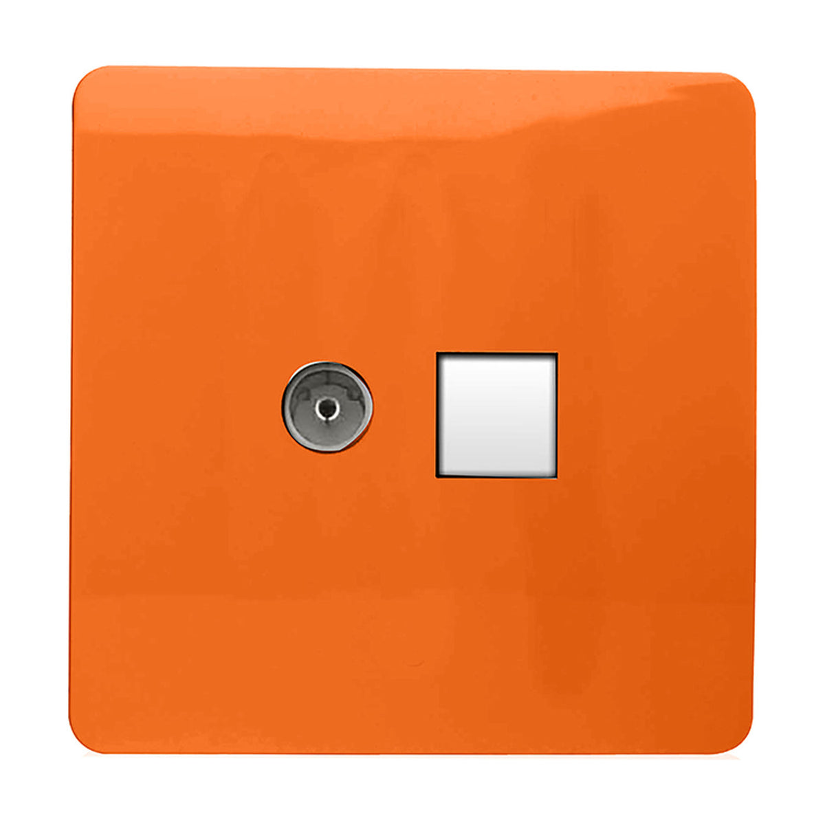2 Gang Telephone & Cat 5 Ethernet Socket in orange, screwless square plate with a chrome telephone port and white ethernet outlet, shown on a plain white background.