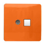2 Gang Telephone & Cat 5 Ethernet Socket in orange, screwless square plate with a chrome telephone port and white ethernet outlet, shown on a plain white background.