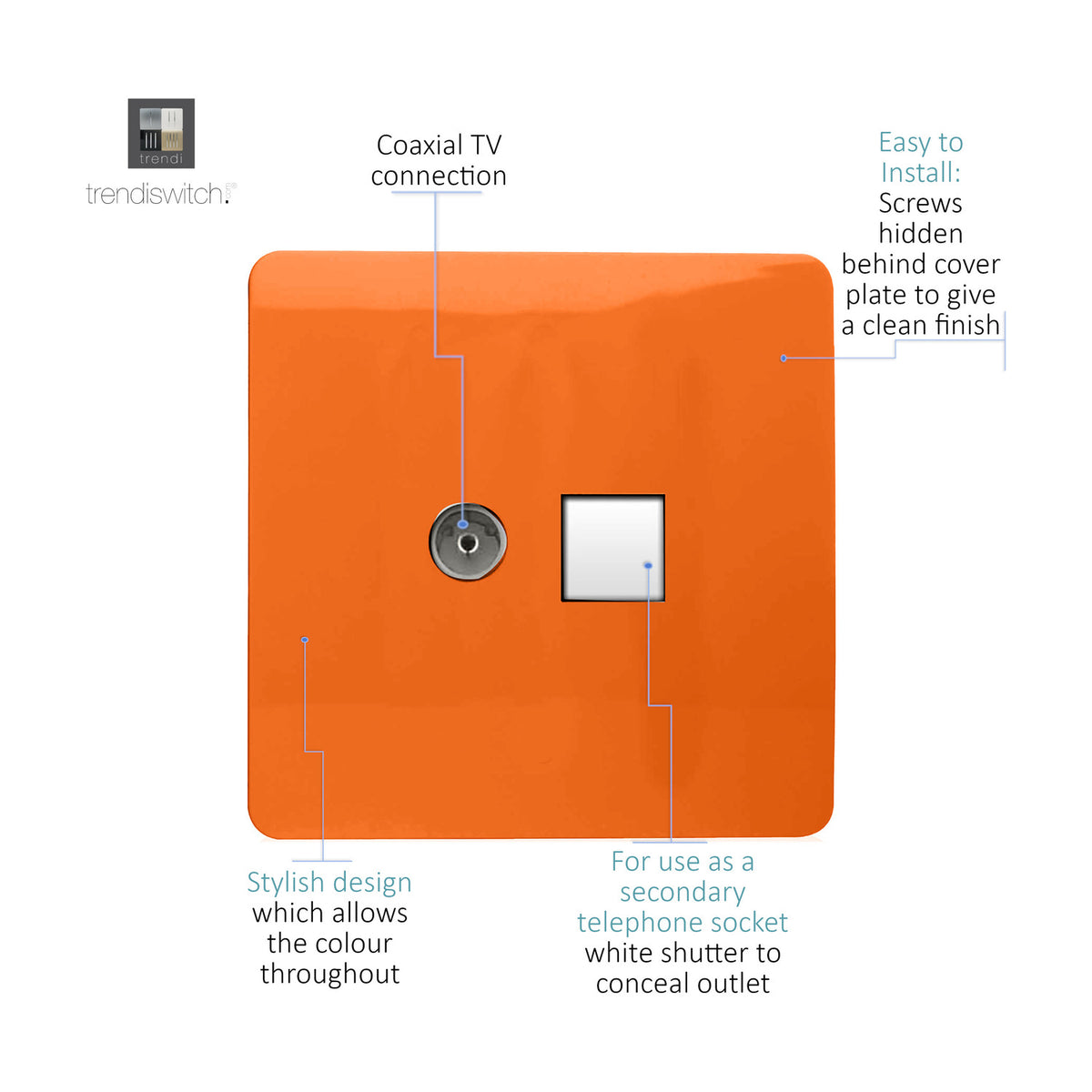 Orange screwless 2 gang socket plate with a coaxial TV connection port and a white shuttered secondary telephone socket, shown with labelled callouts on hidden screws and colour-through design.