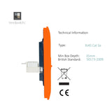 Side view of a 2 gang RJ45 Cat 5e ethernet socket in orange with screwless plate, showing white module and mounting depth, on a plain white background.