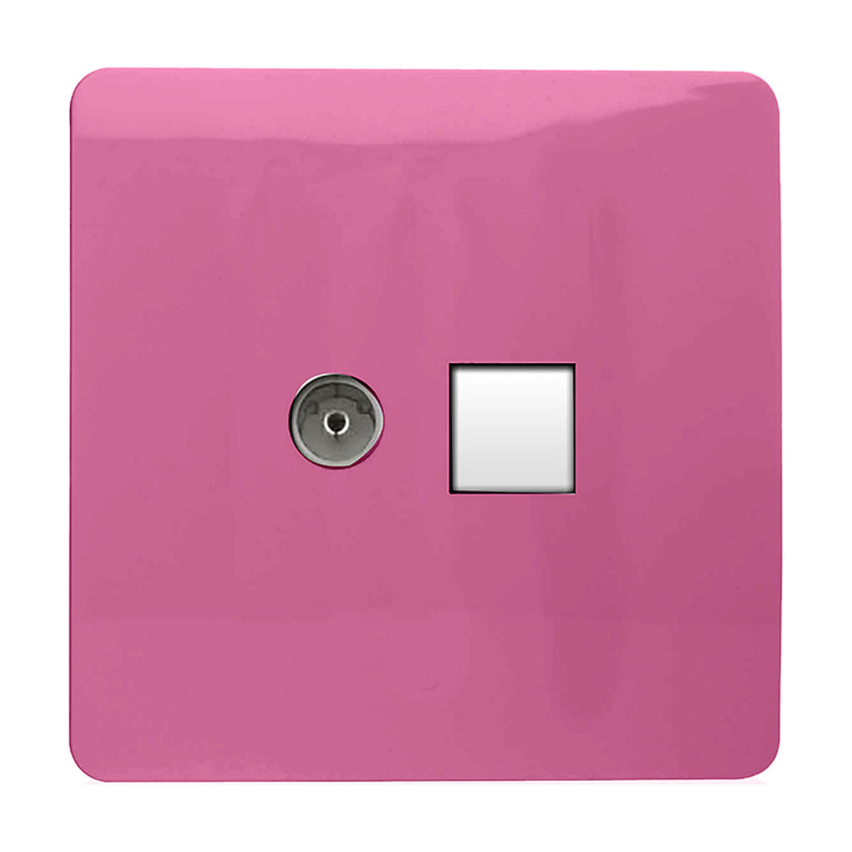 Square screwless 2 gang telephone and Cat 5 Ethernet socket in solid pink, with a chrome coaxial connector and a white data port, on a plain background.