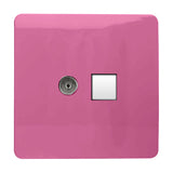 Square screwless 2 gang telephone and Cat 5 Ethernet socket in solid pink, with a chrome coaxial connector and a white data port, on a plain background.