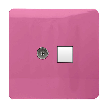 Square screwless 2 gang telephone and Cat 5 Ethernet socket in solid pink, with a chrome coaxial connector and a white data port, on a plain background.