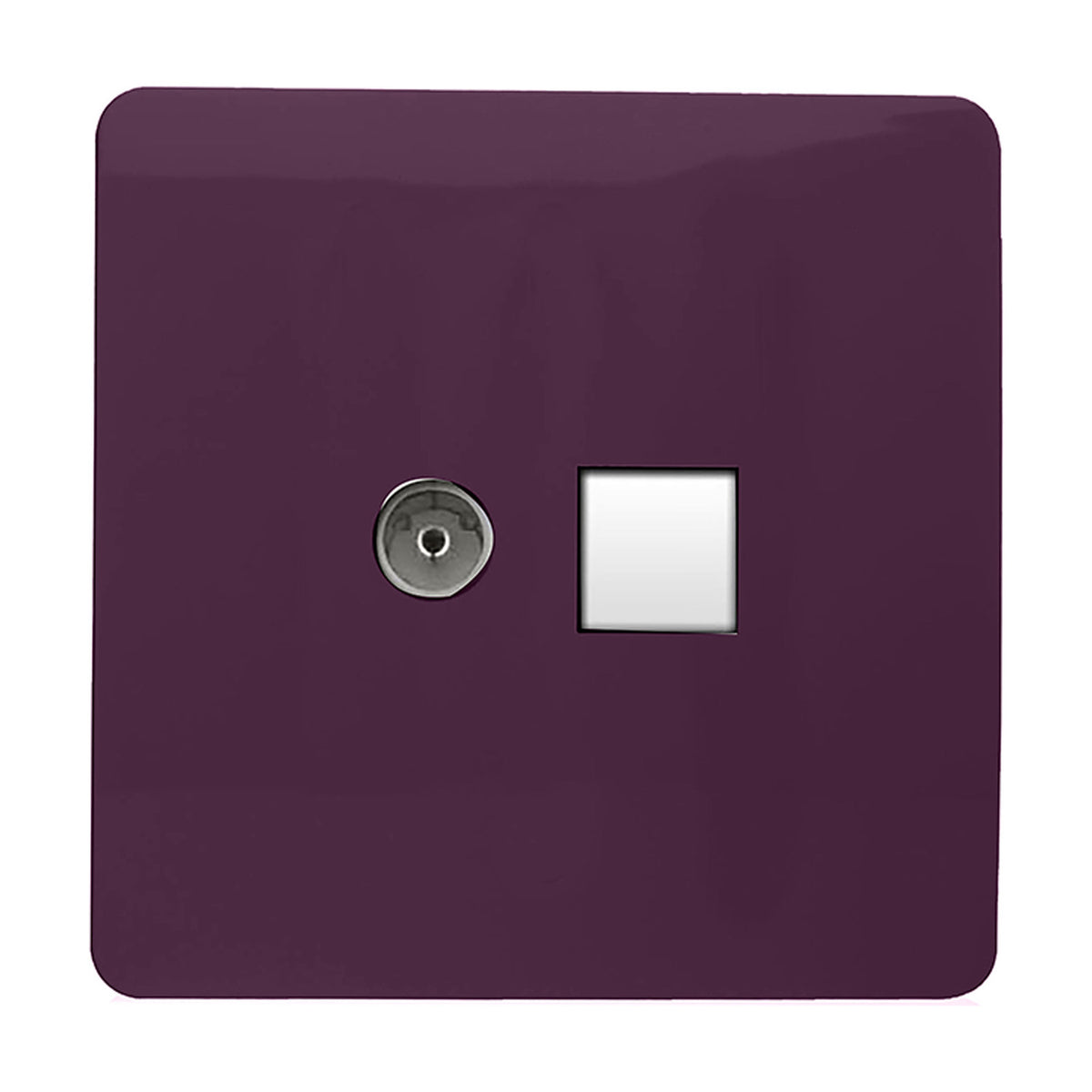 Screwless square flat plate 2 gang telephone and Cat 5 Ethernet data socket in deep plum, with chrome telephone port and white data outlet, on a white background.