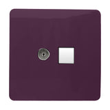Screwless square flat plate 2 gang telephone and Cat 5 Ethernet data socket in deep plum, with chrome telephone port and white data outlet, on a white background.