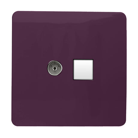 Screwless square flat plate 2 gang telephone and Cat 5 Ethernet data socket in deep plum, with chrome telephone port and white data outlet, on a white background.