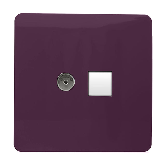 Screwless square flat plate 2 gang telephone and Cat 5 Ethernet data socket in deep plum, with chrome telephone port and white data outlet, on a white background.