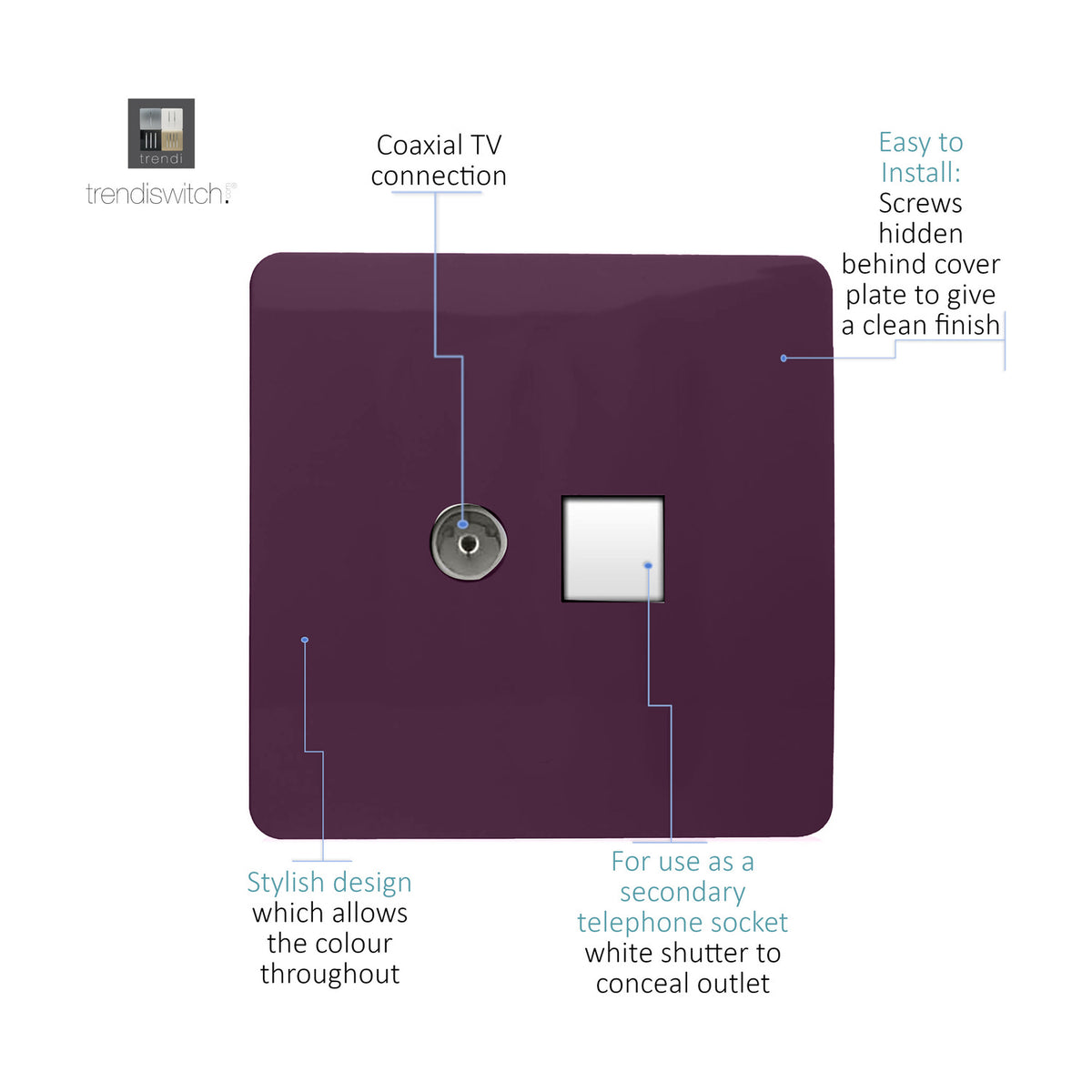 Plum flat 2 gang socket plate with coaxial TV connection and white shuttered secondary telephone socket, screwless design with hidden fixing screws, shown on white background with labelled features.