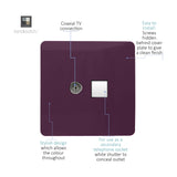 Plum flat 2 gang socket plate with coaxial TV connection and white shuttered secondary telephone socket, screwless design with hidden fixing screws, shown on white background with labelled features.