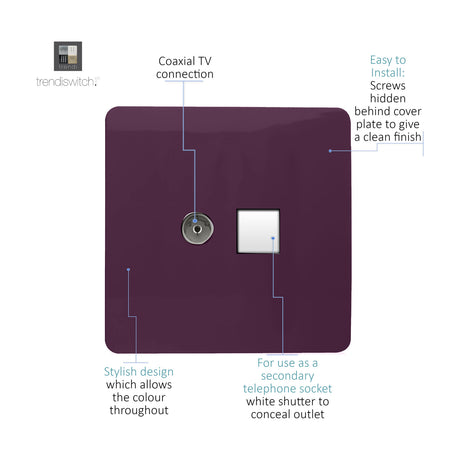 Plum flat 2 gang socket plate with coaxial TV connection and white shuttered secondary telephone socket, screwless design with hidden fixing screws, shown on white background with labelled features.