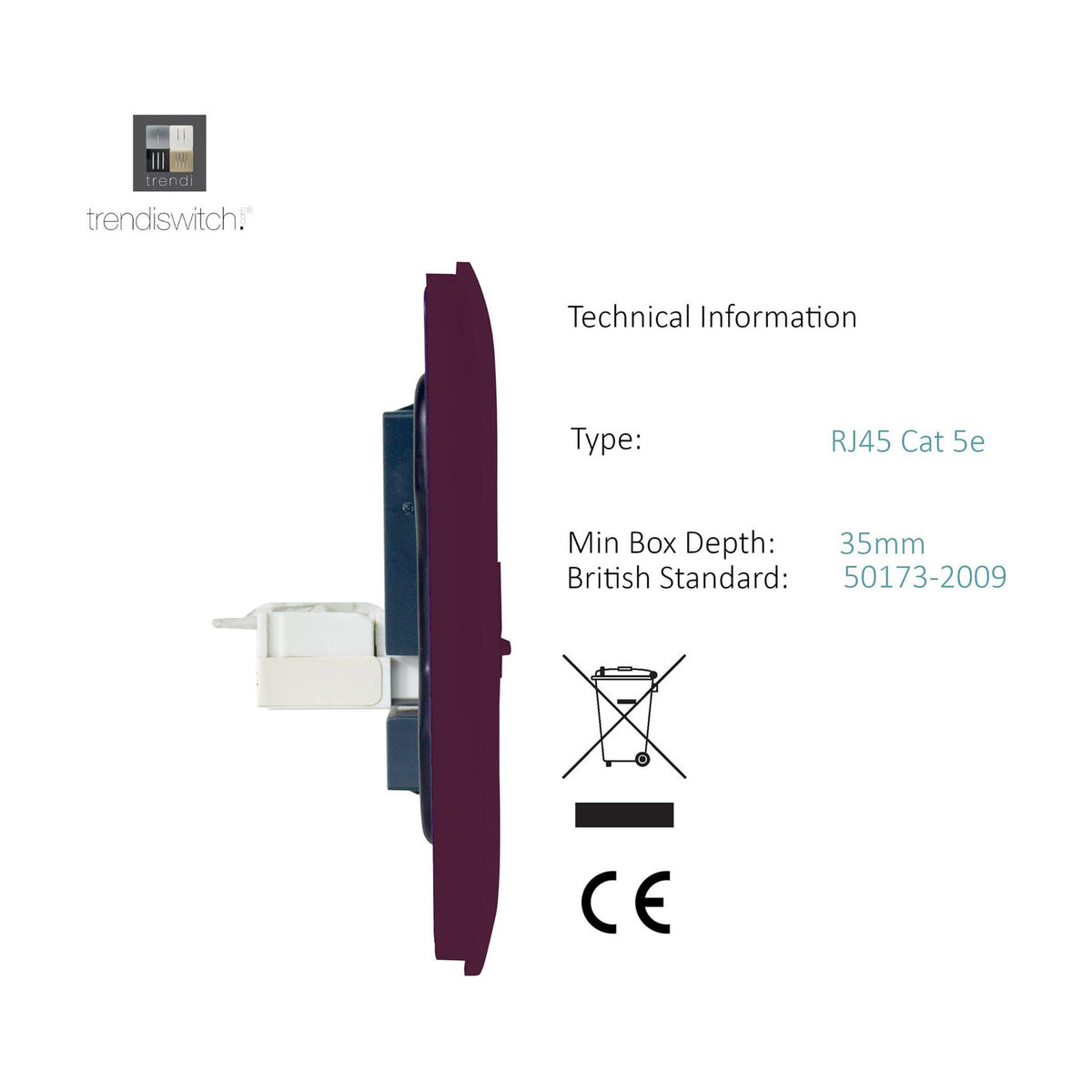 Side profile of the Plum 2 Gang Telephone & Cat 5 Ethernet Socket, showing screwless plum faceplate depth and white RJ45 module against a white background.