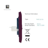 Side profile of the Plum 2 Gang Telephone & Cat 5 Ethernet Socket, showing screwless plum faceplate depth and white RJ45 module against a white background.