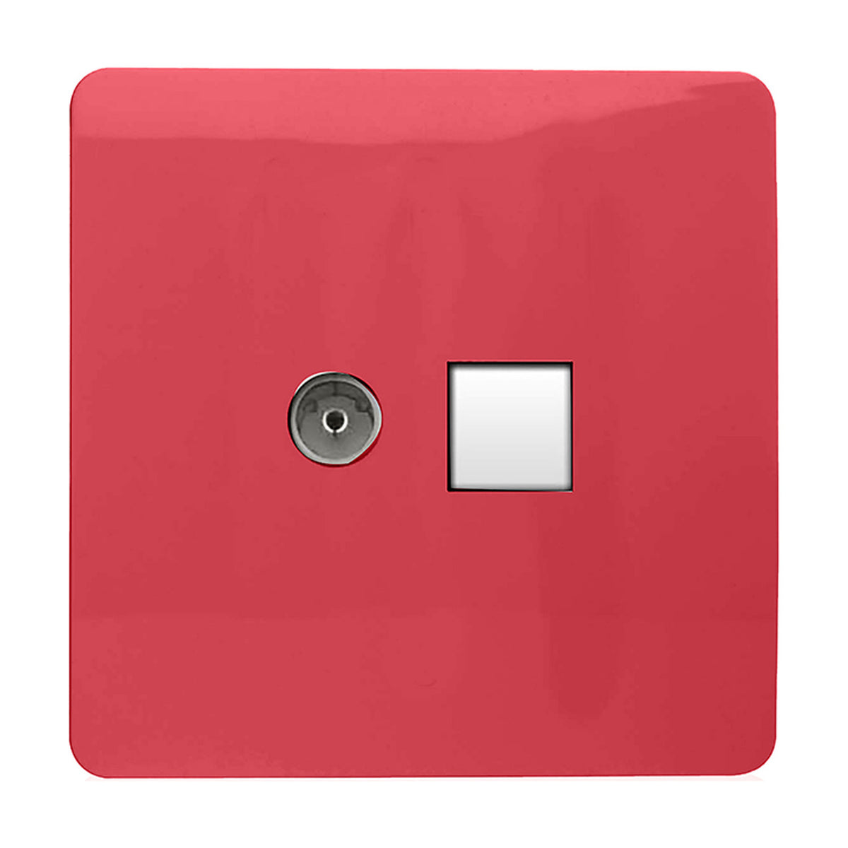 Screwless square strawberry pink faceplate with a round telephone socket and white Cat 5 data outlet side by side, shown on a plain white background.