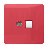 Screwless square strawberry pink faceplate with a round telephone socket and white Cat 5 data outlet side by side, shown on a plain white background.