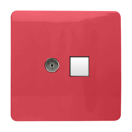 Screwless square strawberry pink faceplate with a round telephone socket and white Cat 5 data outlet side by side, shown on a plain white background.