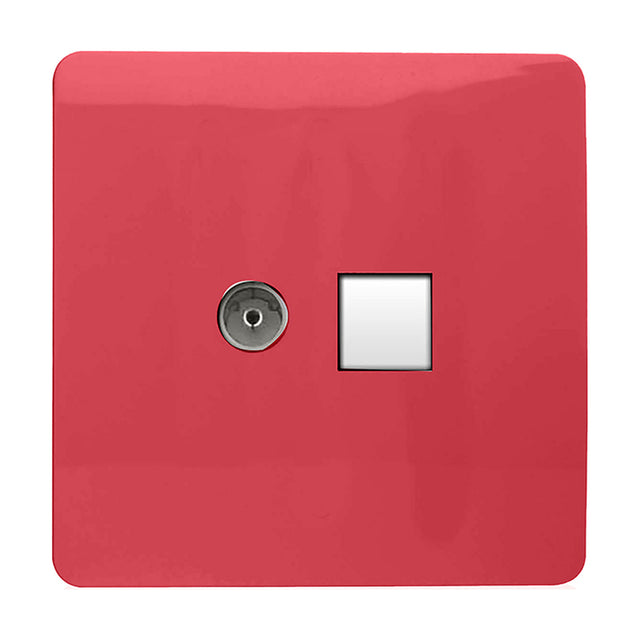 Screwless square strawberry pink faceplate with a round telephone socket and white Cat 5 data outlet side by side, shown on a plain white background.