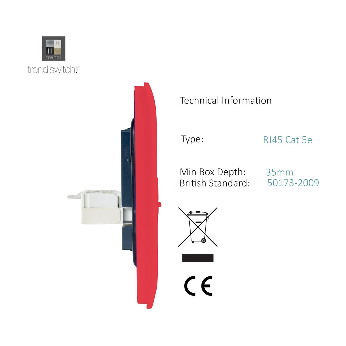 Side view of a 2 Gang Telephone & Cat 5 Data Socket in strawberry red, showing screwless plate depth and RJ45 connector, with technical specifications listed on a white background.