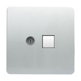 Square 2 gang telephone and Cat 5 data socket in platinum silver, screwless flat plate with round telephone port and square Ethernet port, on a white background.