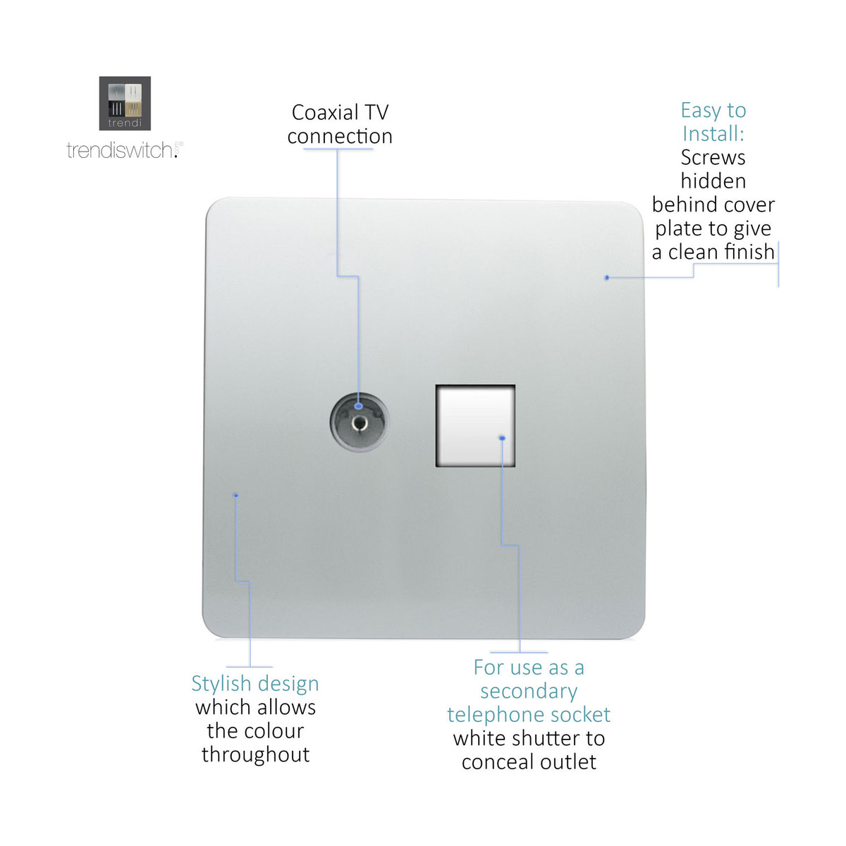 Screwless flat plate socket in platinum silver with a coaxial TV connection and a square data port, shown with labelled callouts on a white background.