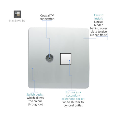 Screwless flat plate socket in platinum silver with a coaxial TV connection and a square data port, shown with labelled callouts on a white background.