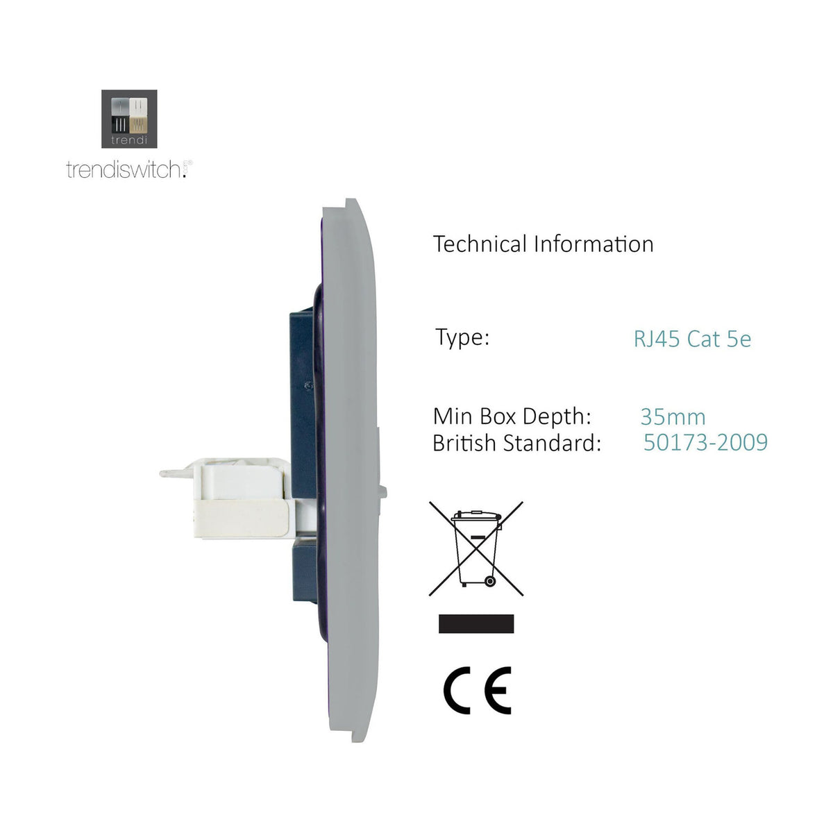 Side profile of a 2 Gang Cat 5e data socket in platinum silver with RJ45 module and rear housing, shown against a white background with technical specifications listed.