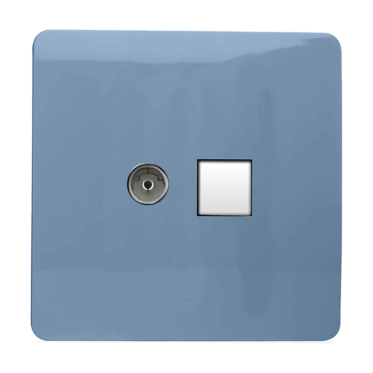 Screwless square wall plate in sky blue with a chrome coaxial telephone connector and a white Cat 5 data socket outlet, shown on a plain white background.