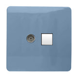 Screwless square wall plate in sky blue with a chrome coaxial telephone connector and a white Cat 5 data socket outlet, shown on a plain white background.