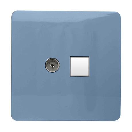 Screwless square wall plate in sky blue with a chrome coaxial telephone connector and a white Cat 5 data socket outlet, shown on a plain white background.