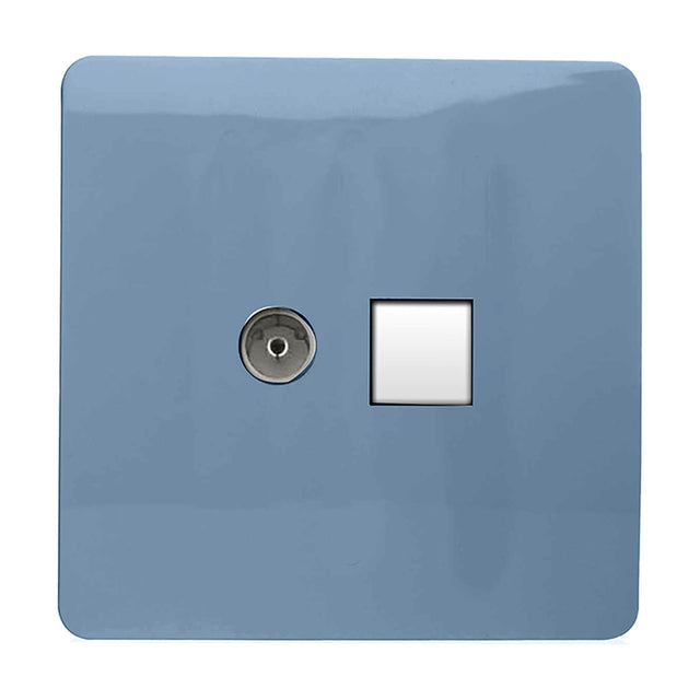 Screwless square wall plate in sky blue with a chrome coaxial telephone connector and a white Cat 5 data socket outlet, shown on a plain white background.