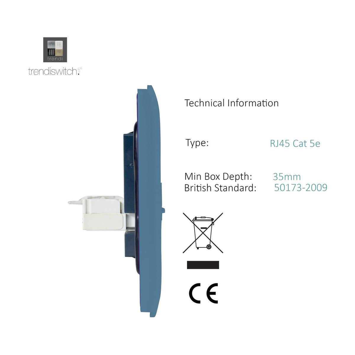 Side profile of a Sky Blue 2 Gang Telephone & Cat 5 Data Socket showing the RJ45 connector housing and mounting depth, with technical specifications listed alongside on a white background.
