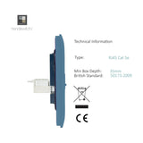Side profile of a Sky Blue 2 Gang Telephone & Cat 5 Data Socket showing the RJ45 connector housing and mounting depth, with technical specifications listed alongside on a white background.