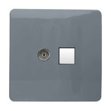 Screwless warm grey square plate 2 gang telephone and Cat 5 data socket, with a chrome TV-style telephone port and white square data outlet, shown on a plain white background.