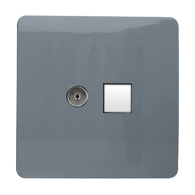 Screwless warm grey square plate 2 gang telephone and Cat 5 data socket, with a chrome TV-style telephone port and white square data outlet, shown on a plain white background.
