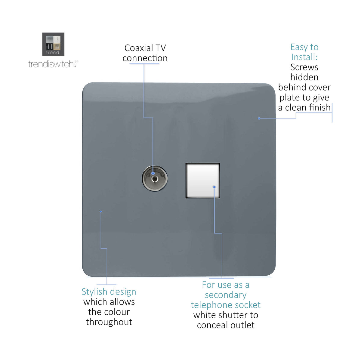 Warm grey screwless square plate socket with a coaxial TV connection and a white shuttered secondary telephone outlet, hidden fixing screws for a clean finish.