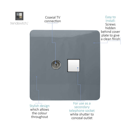 Warm grey screwless square plate socket with a coaxial TV connection and a white shuttered secondary telephone outlet, hidden fixing screws for a clean finish.