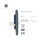 Side profile of a warm grey RJ45 Cat 5e data socket module with white internal connector, showing technical specifications for min box depth and British Standard on a white background.