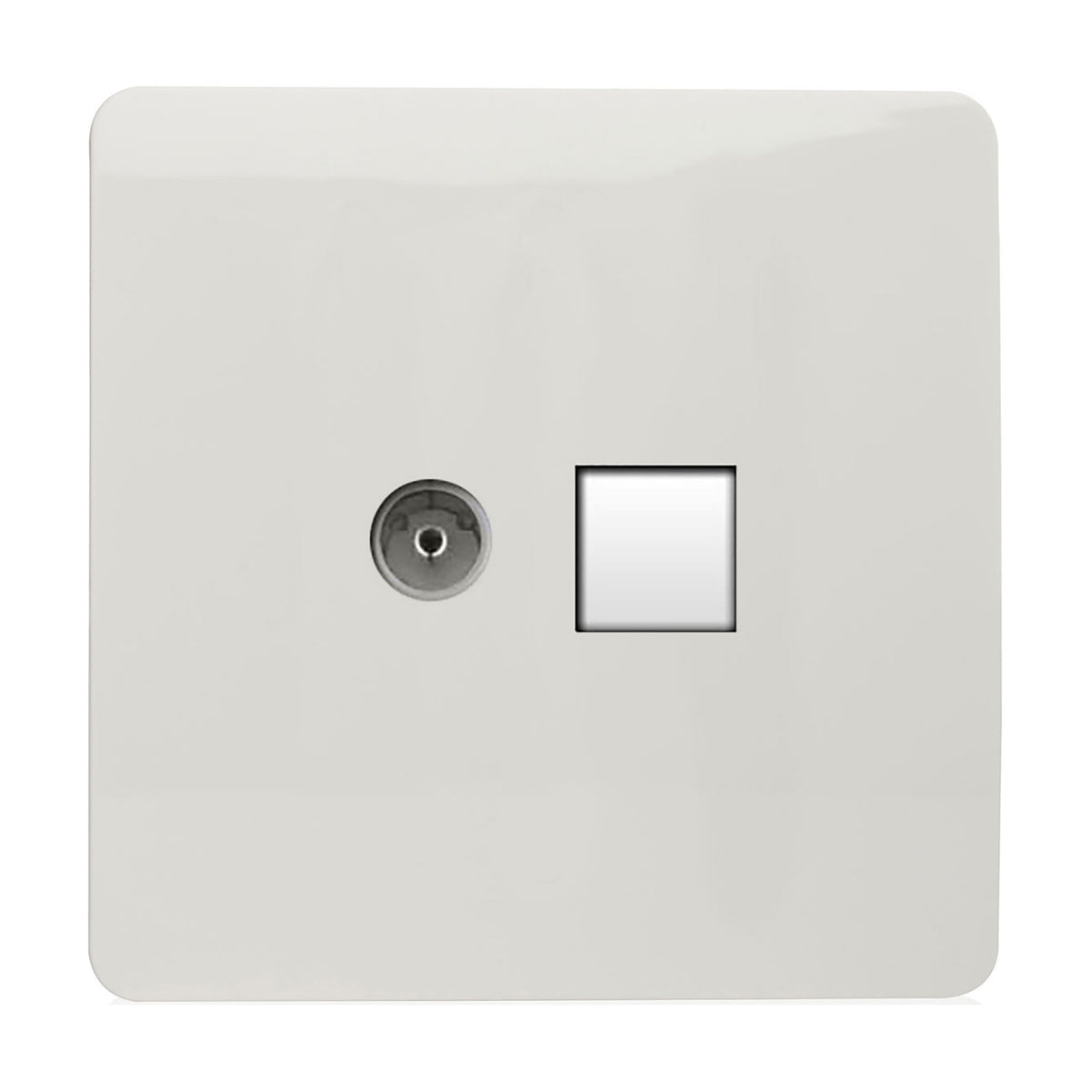 Screwless 2 gang telephone and Cat 5 data socket in ice white ABS, featuring a coaxial-style telephone connector and a square data port, shown on a plain white background.