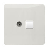 Screwless 2 gang telephone and Cat 5 data socket in ice white ABS, featuring a coaxial-style telephone connector and a square data port, shown on a plain white background.