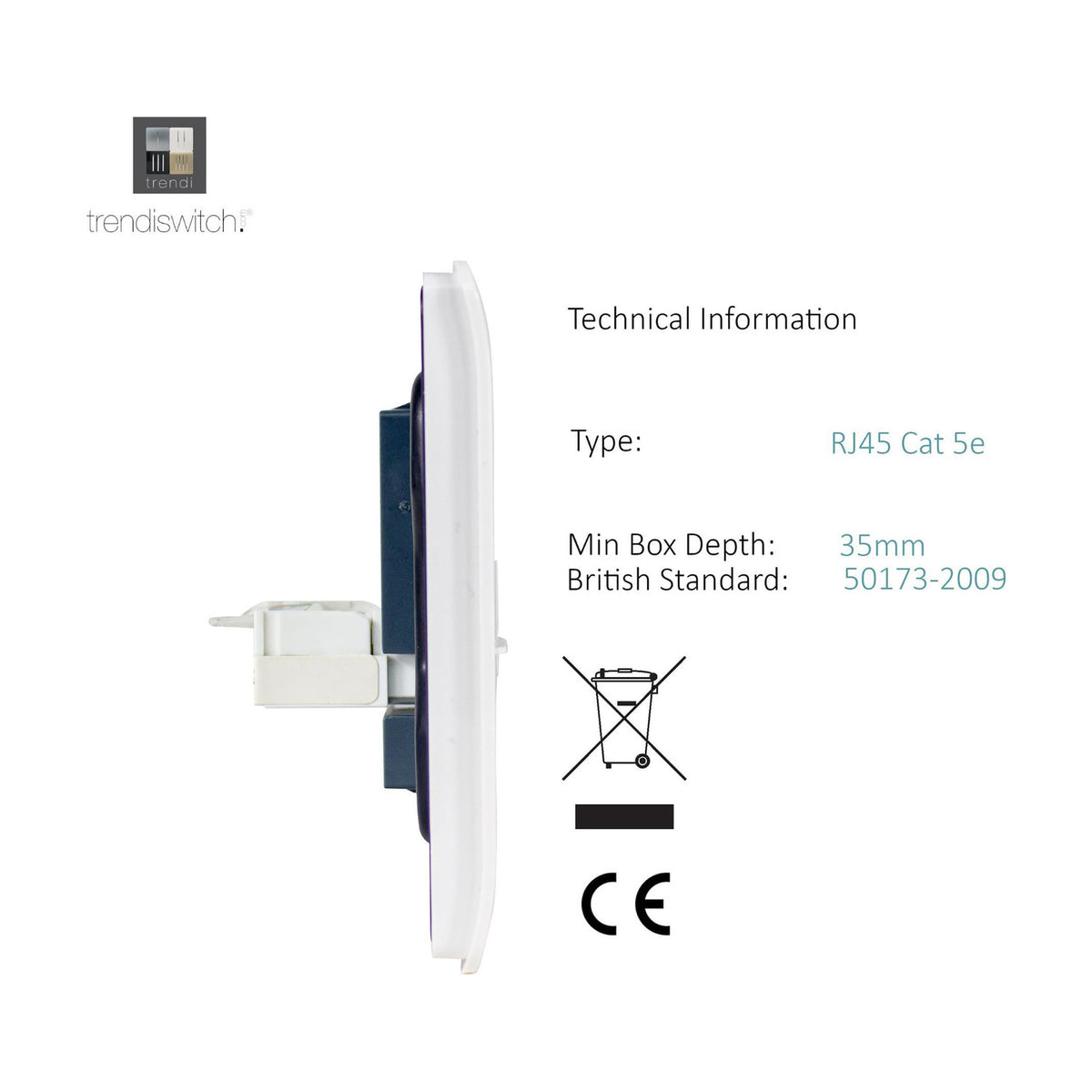 Side profile of the Ice White 2 Gang Telephone & Cat 5 Data Socket, showing the screwless ABS plate depth with RJ45 module and rear terminals, alongside technical specifications on a white background.